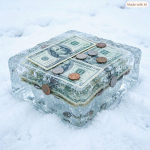 Money frozen in a block of ice
